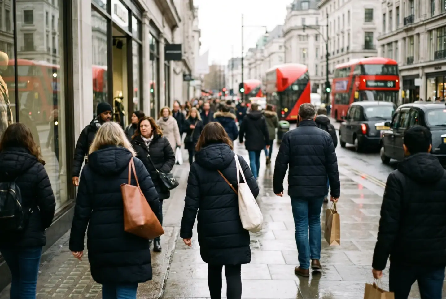 Crowded high street with pedestrians walking past shop windows