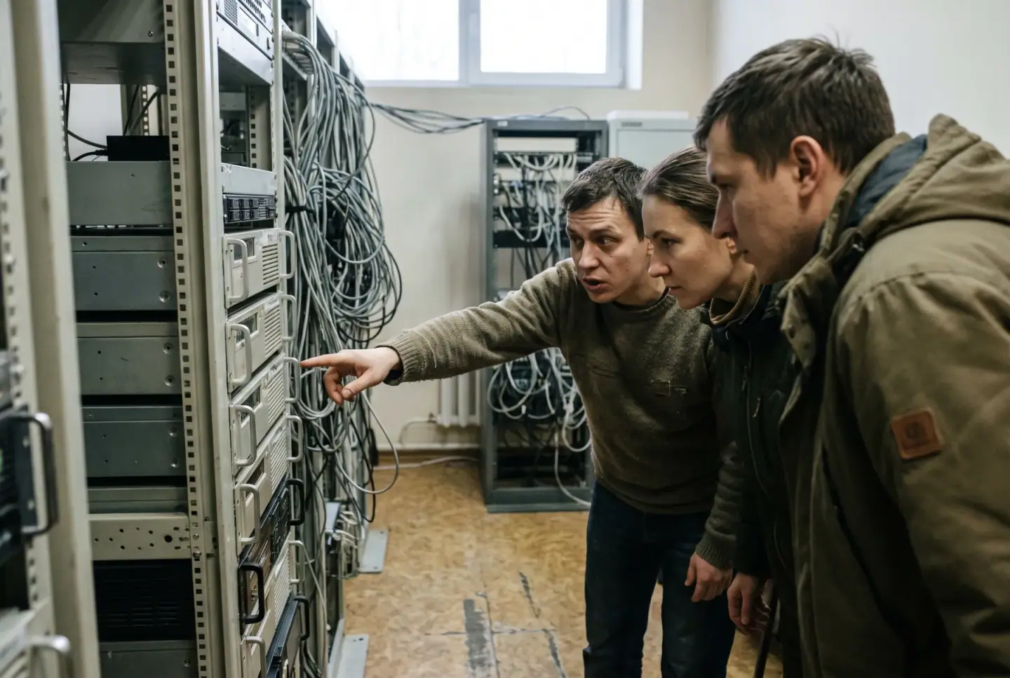 Three people in serious conversation near server equipment, one gesturing emphatically.