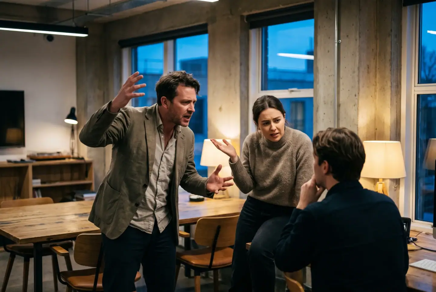 Three office workers in animated discussion, one gesturing while others lean in attentively.