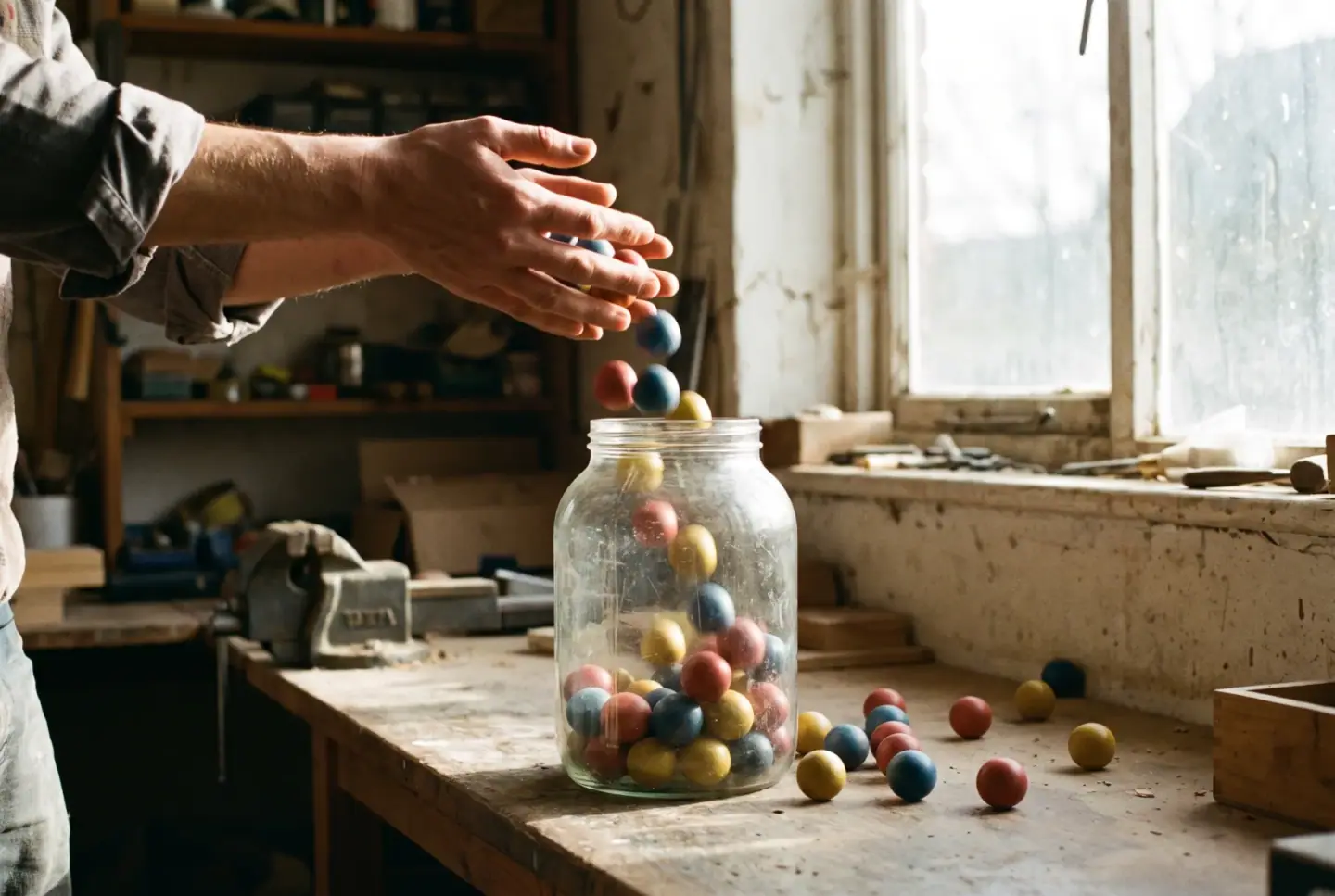 Hands dropping colored balls into a clear container, balls cascading and bouncing.