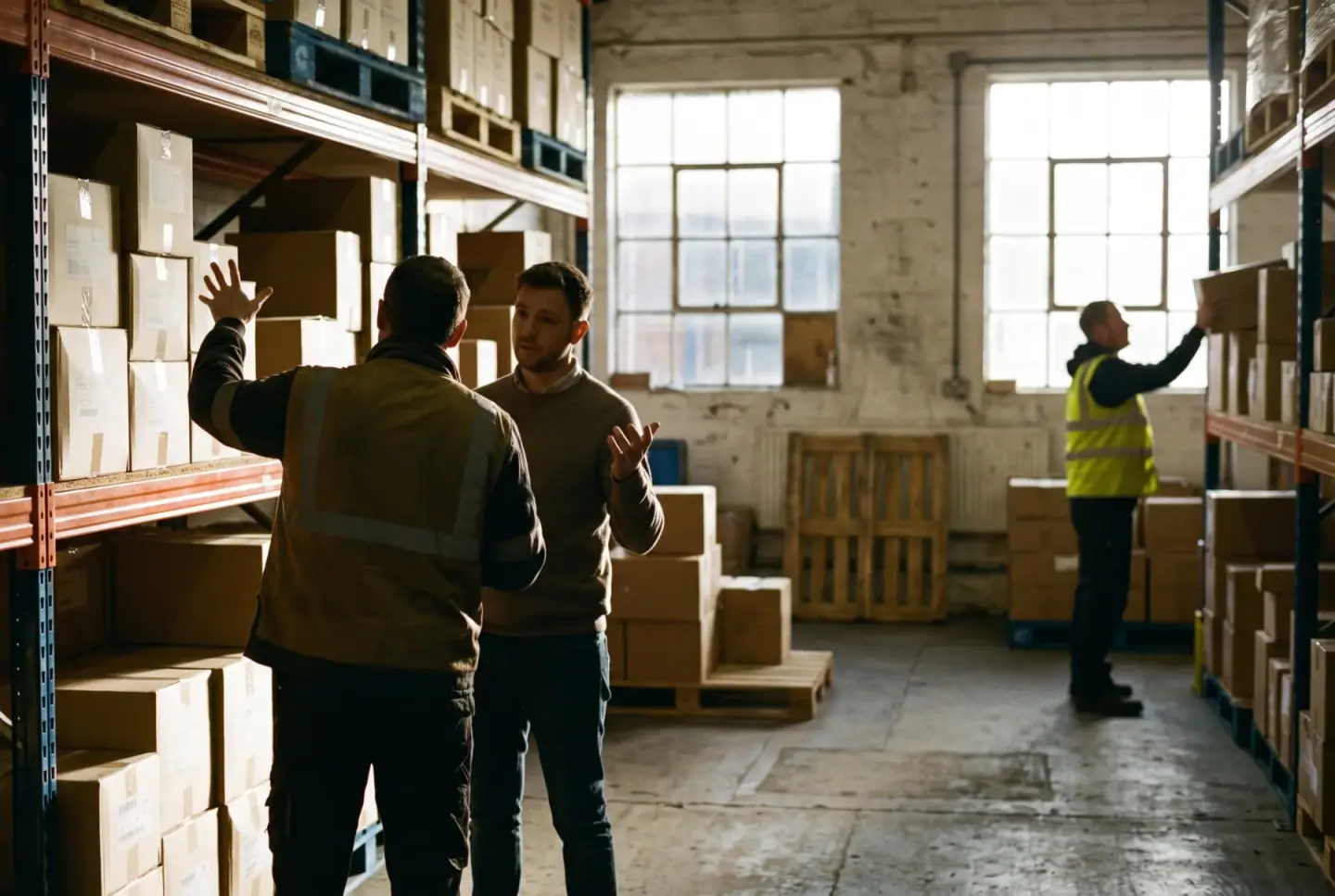 Two people discussing in a warehouse, one gesturing toward shelves of products.