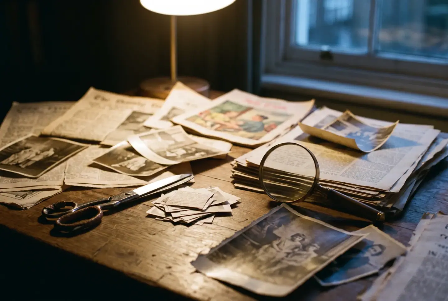 Newspaper clippings, magazine pages, and photographs arranged on wood with scissors and magnifying glass.