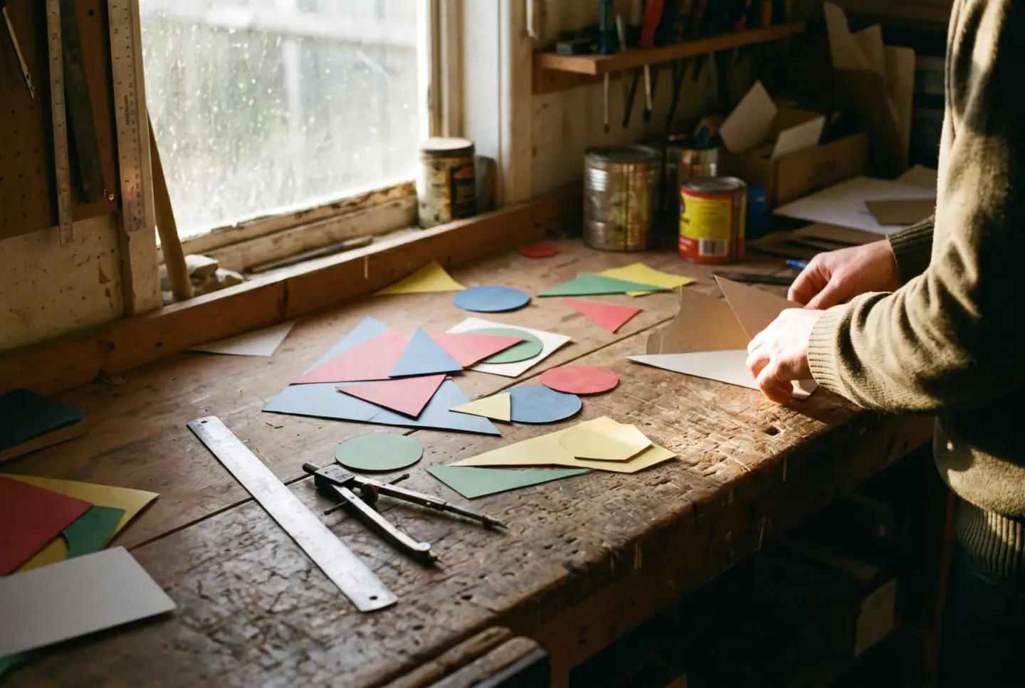 Colorful paper geometric shapes and drafting tools arranged on a wooden surface.
