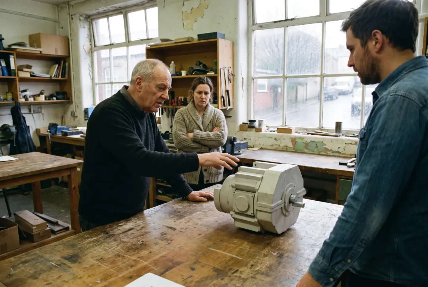 Three people in tense discussion around a table, examining something intently.