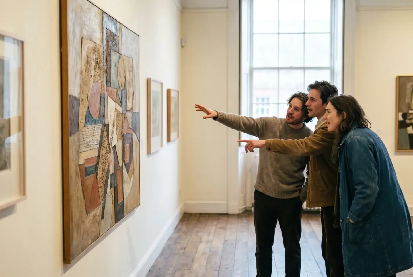 Three people in animated discussion, one gesturing toward artwork on a wall.