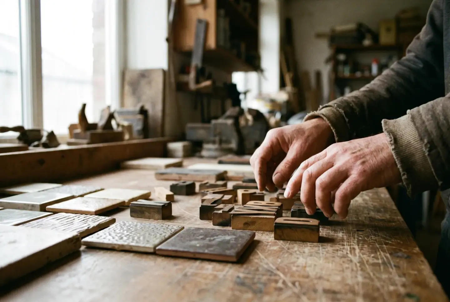 Hands arranging wooden letter tiles on a surface.
