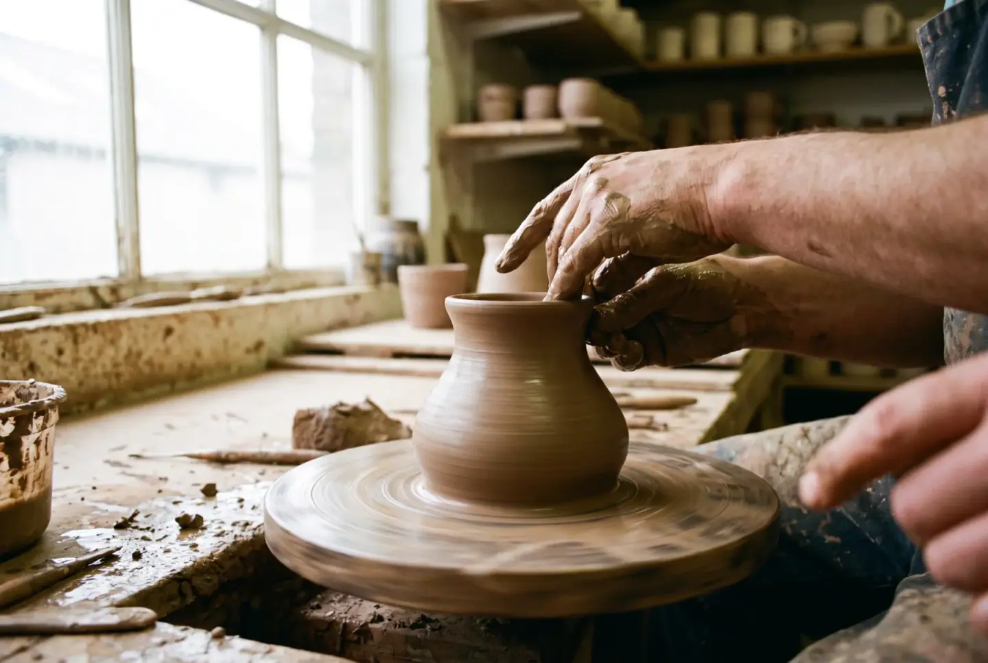 Hands shaping clay on a spinning potter