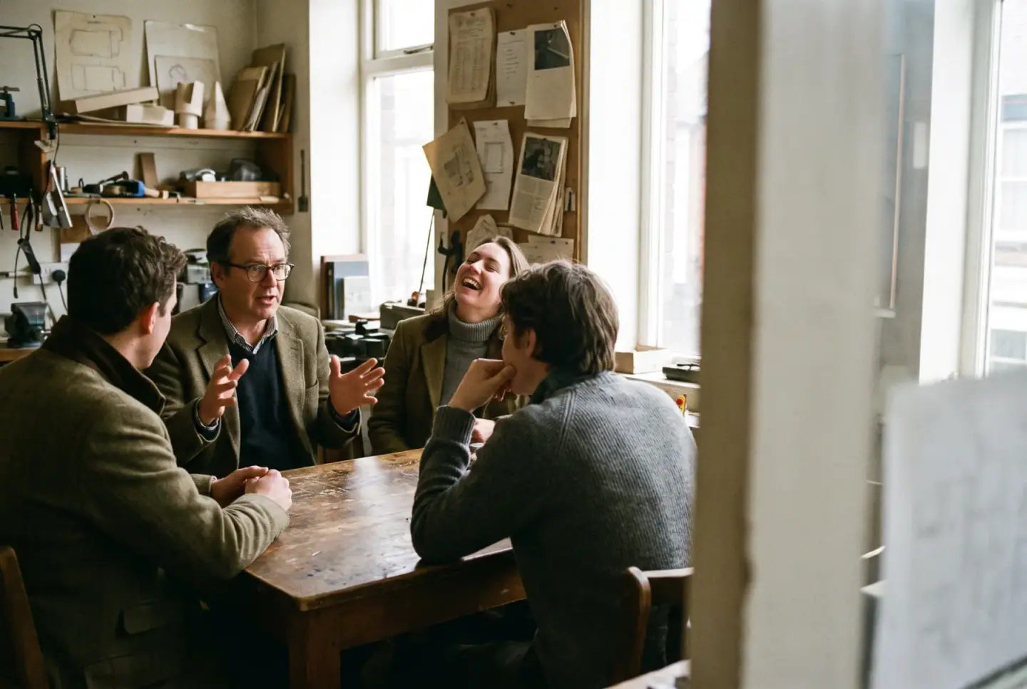 Three people in animated conversation, leaning toward each other with expressive gestures.