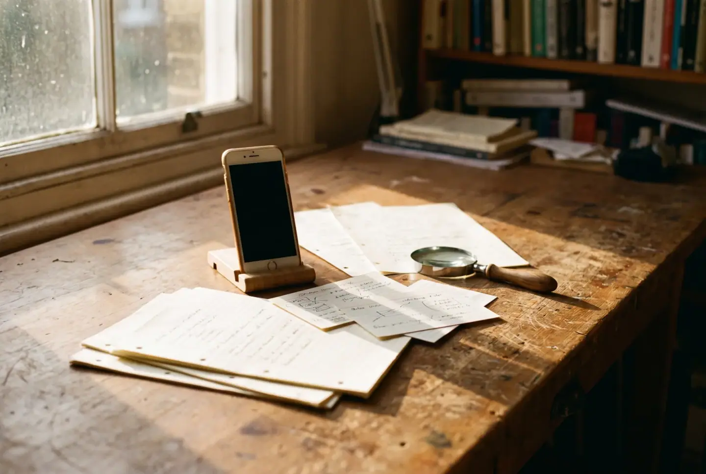 Smartphone upright among scattered pages and cards with a magnifying glass on wood surface