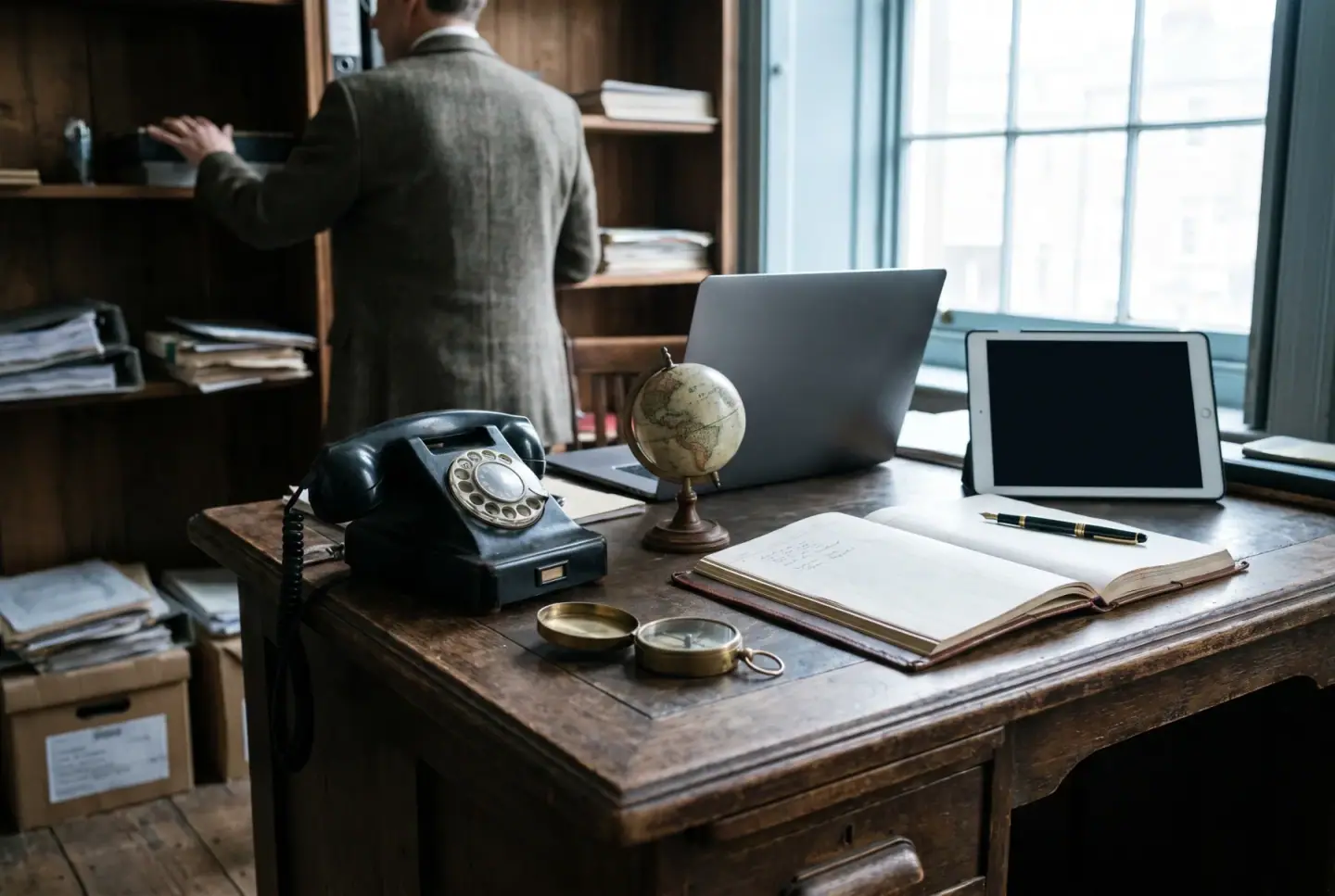 Vintage business objects arranged on a wooden desk: telephone, compass, ledger, pen, globe.