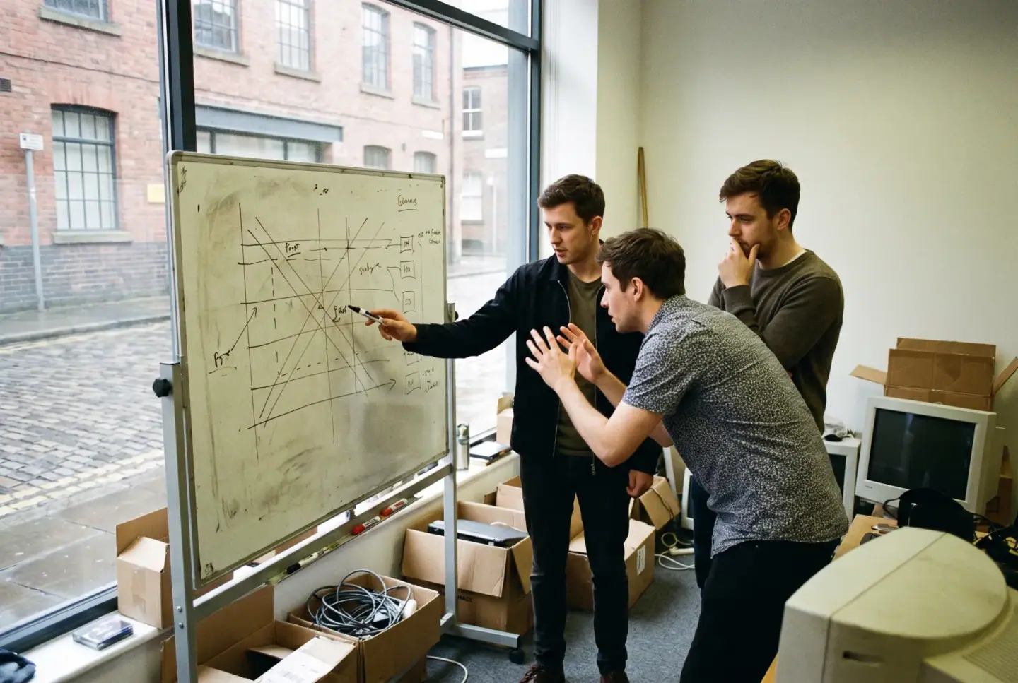 Three people in discussion around a whiteboard, gesturing and engaged.