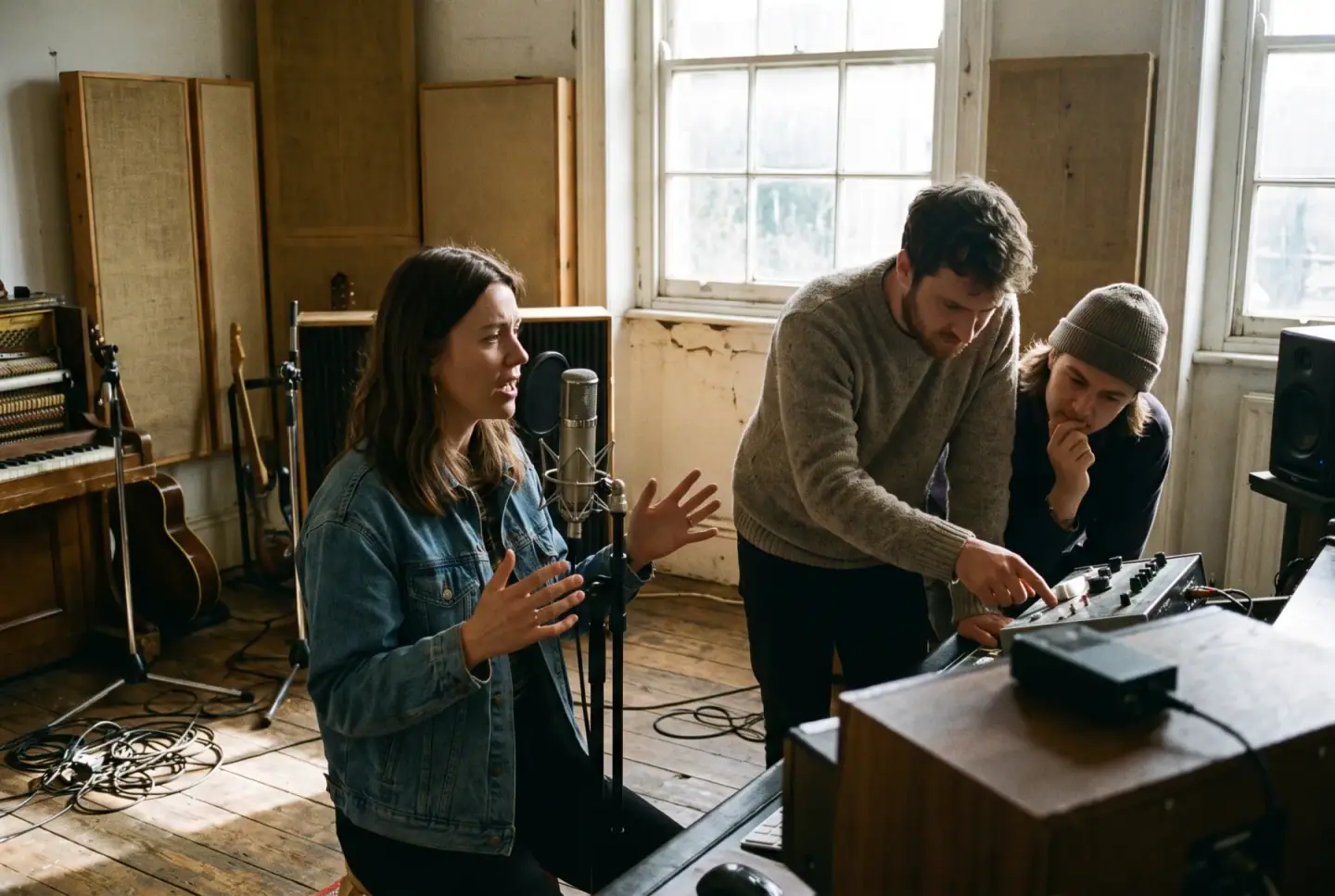 Three people in a recording studio engaged in animated conversation during a recording session.