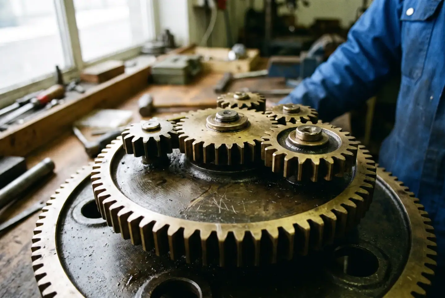 Interlocked brass gears with worn patina, teeth meshing together.