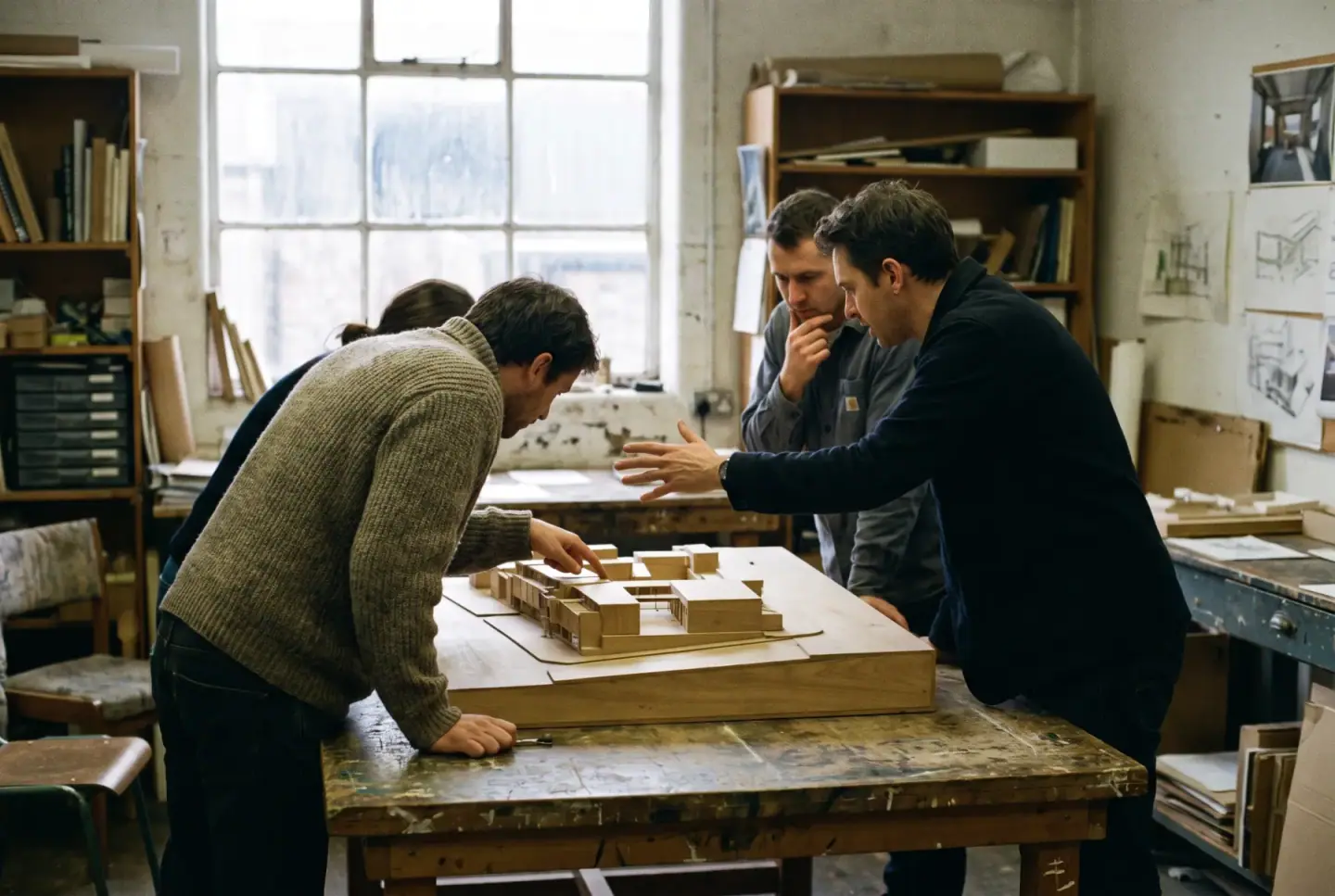 Three people in discussion, gesturing at a architectural model on a table.