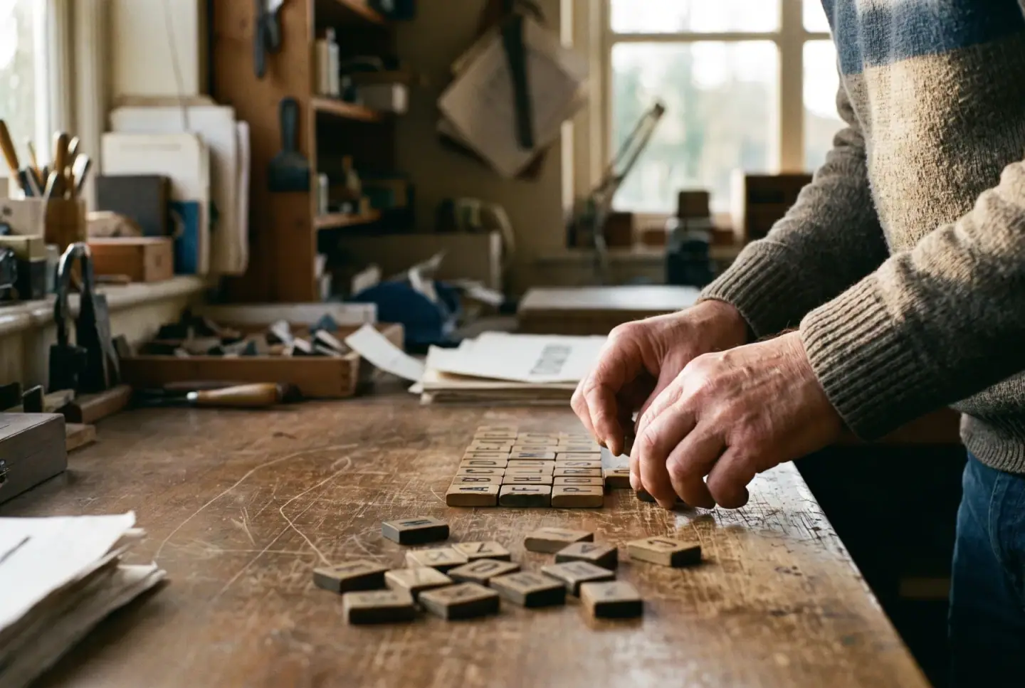 Hands arranging wooden letter blocks on a surface.