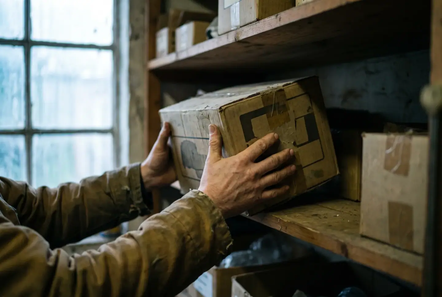 Hands removing an item from a shelf in a decisive motion.