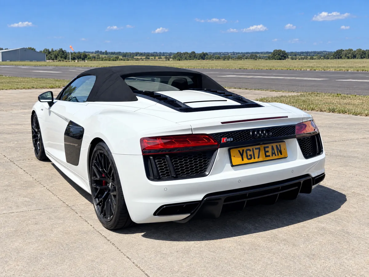 Rear three-quarter view of the Audi R8 Spyder with the roof up