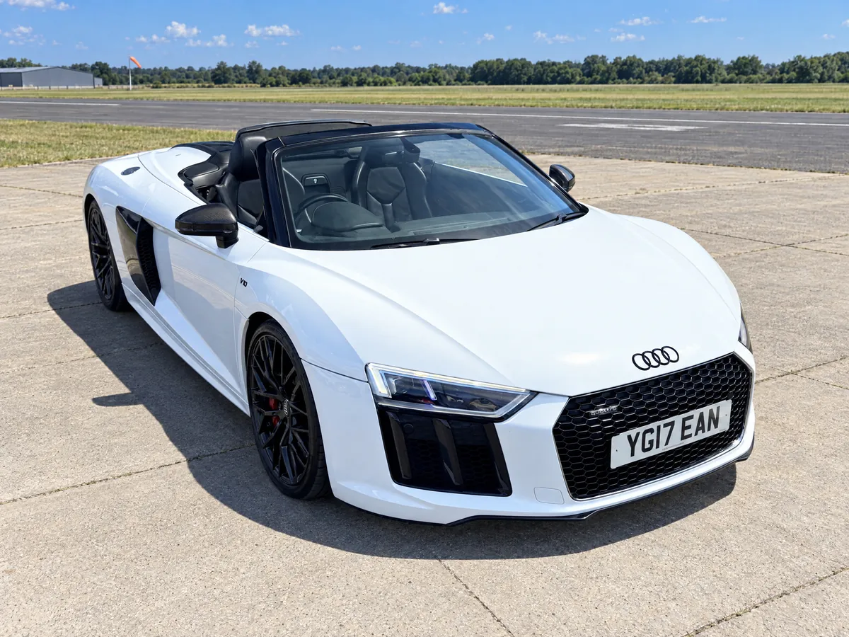 Audi R8 Spyder from above at the front, roof down, showing the open cockpit